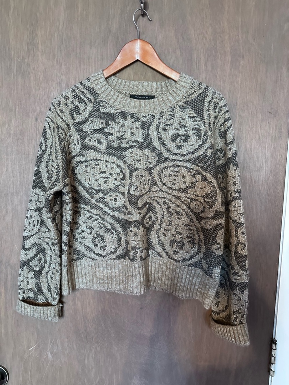 Tahari dark brown and taupe Paisley Crewneck Sweater